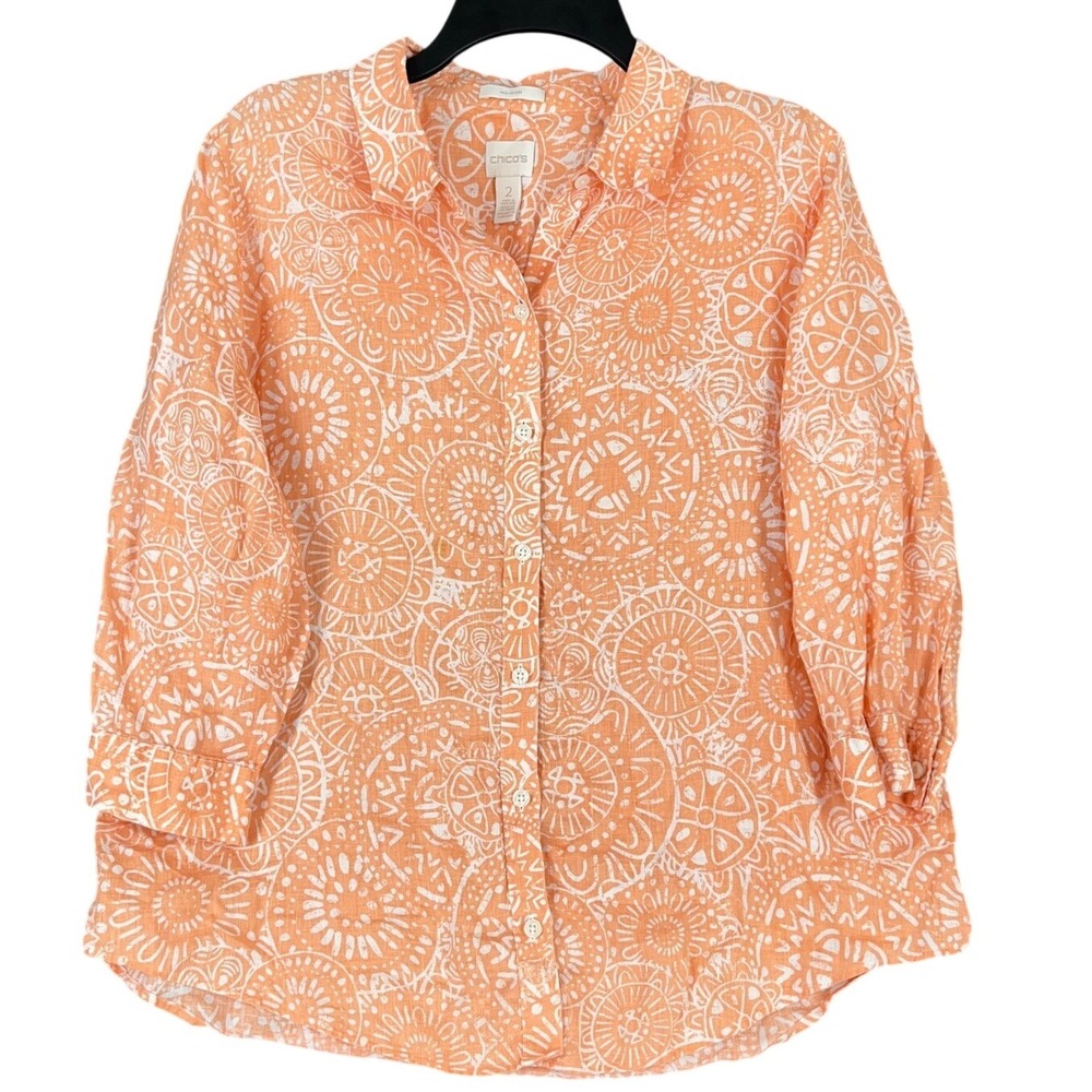 Chicos Linen Shirt‎  No Iron Geometric 3/4 Sleeve Tribal Mandala Resort Office L